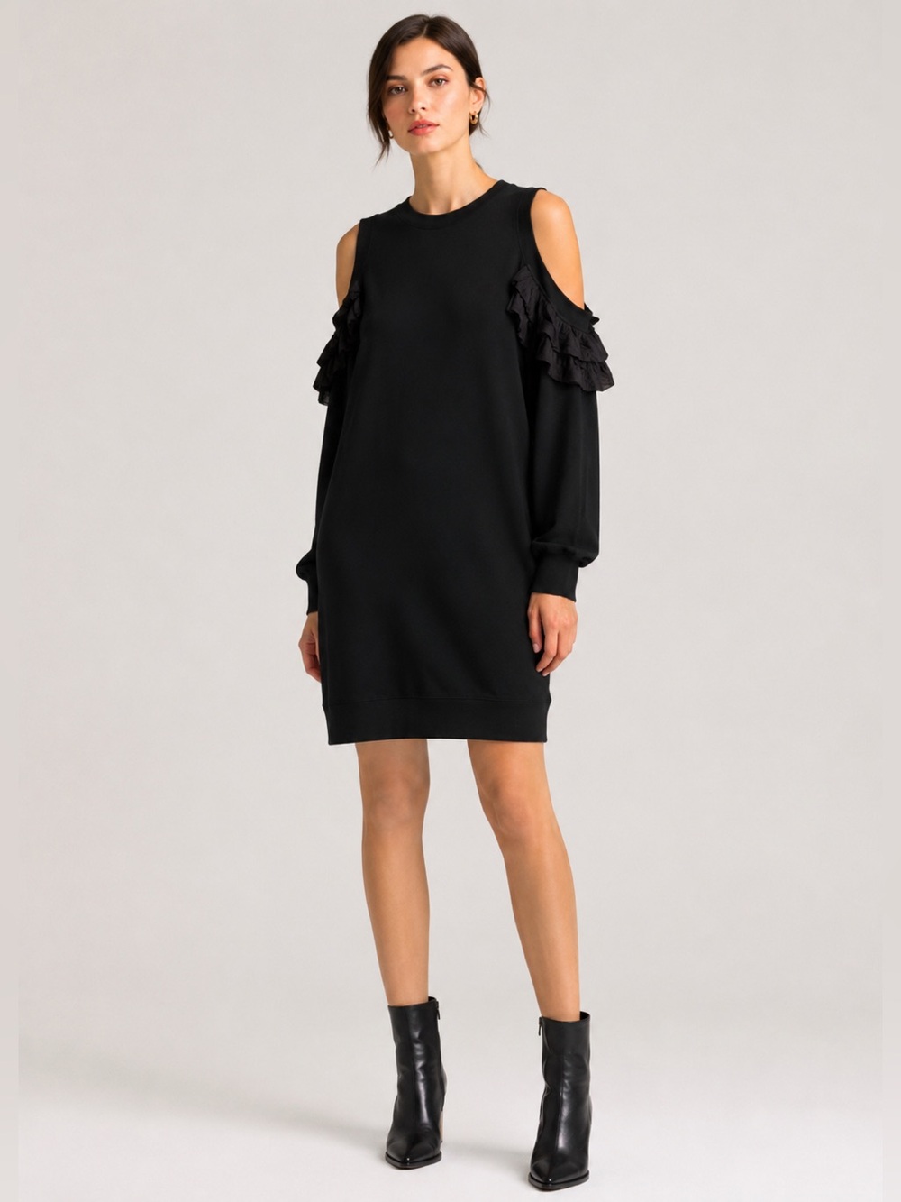 CLU Mixed Media Cold Shoulder Silk Ruffle Sweatshirt Dress Black Small